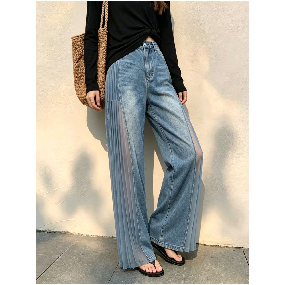 Blue sheer patchwork denim jeans for women new autumn 2026 style unique design lightweight breathable casual wide leg trousers image 1