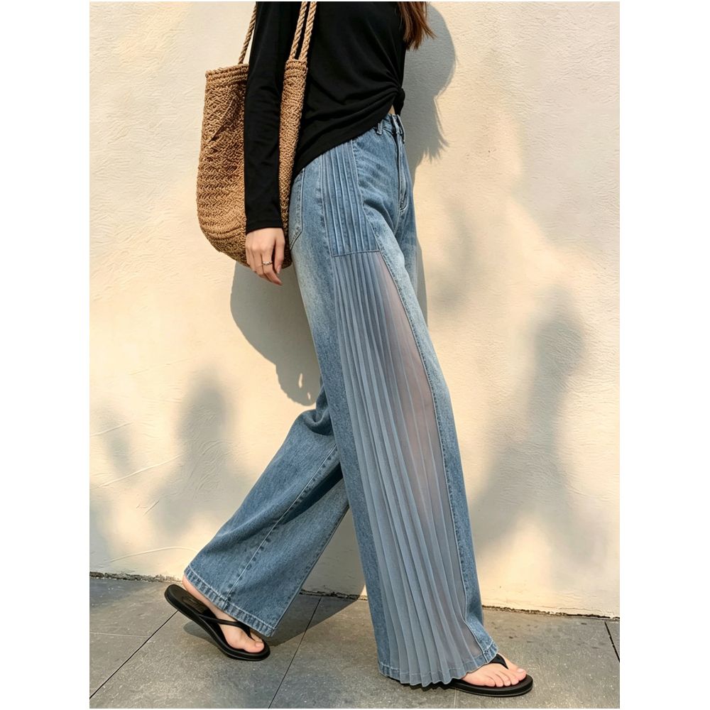 Blue sheer patchwork denim jeans for women new autumn 2026 style unique design lightweight breathable casual wide leg trousers image 2