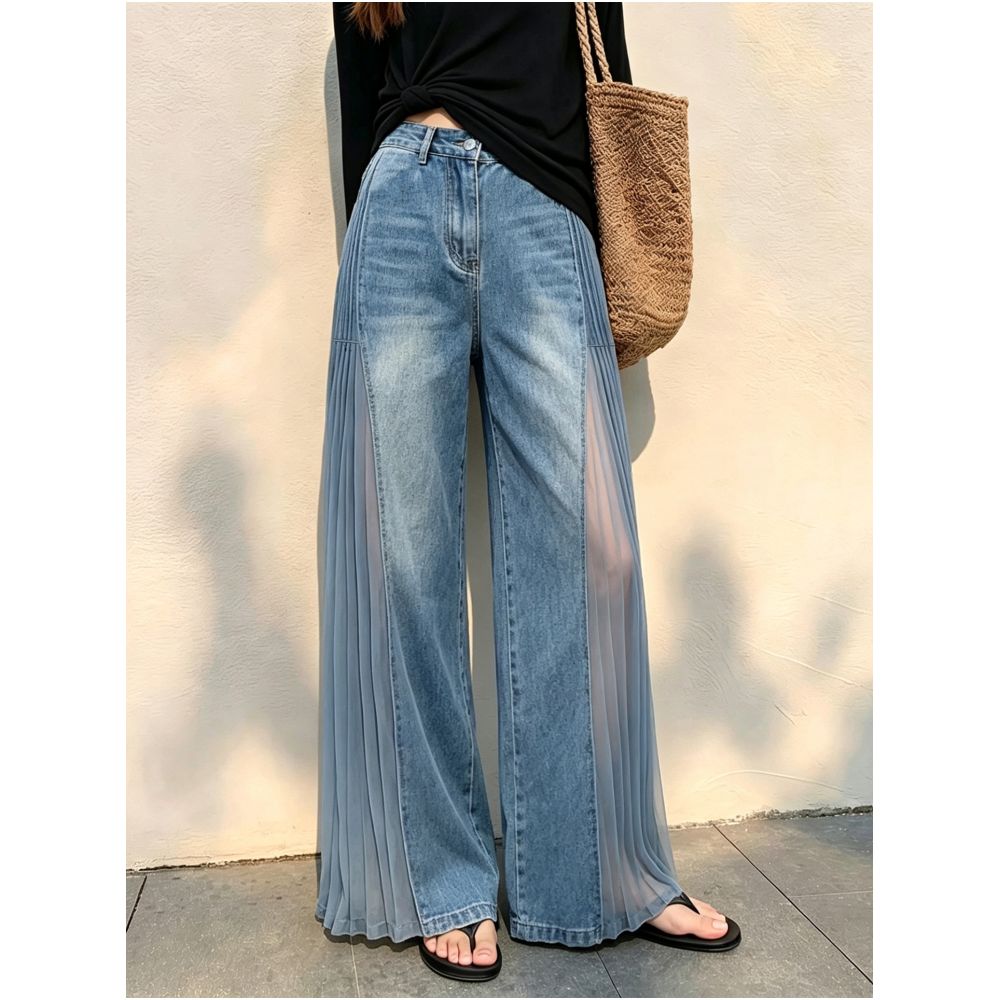 Blue sheer patchwork denim jeans for women new autumn 2026 style unique design lightweight breathable casual wide leg trousers image 3
