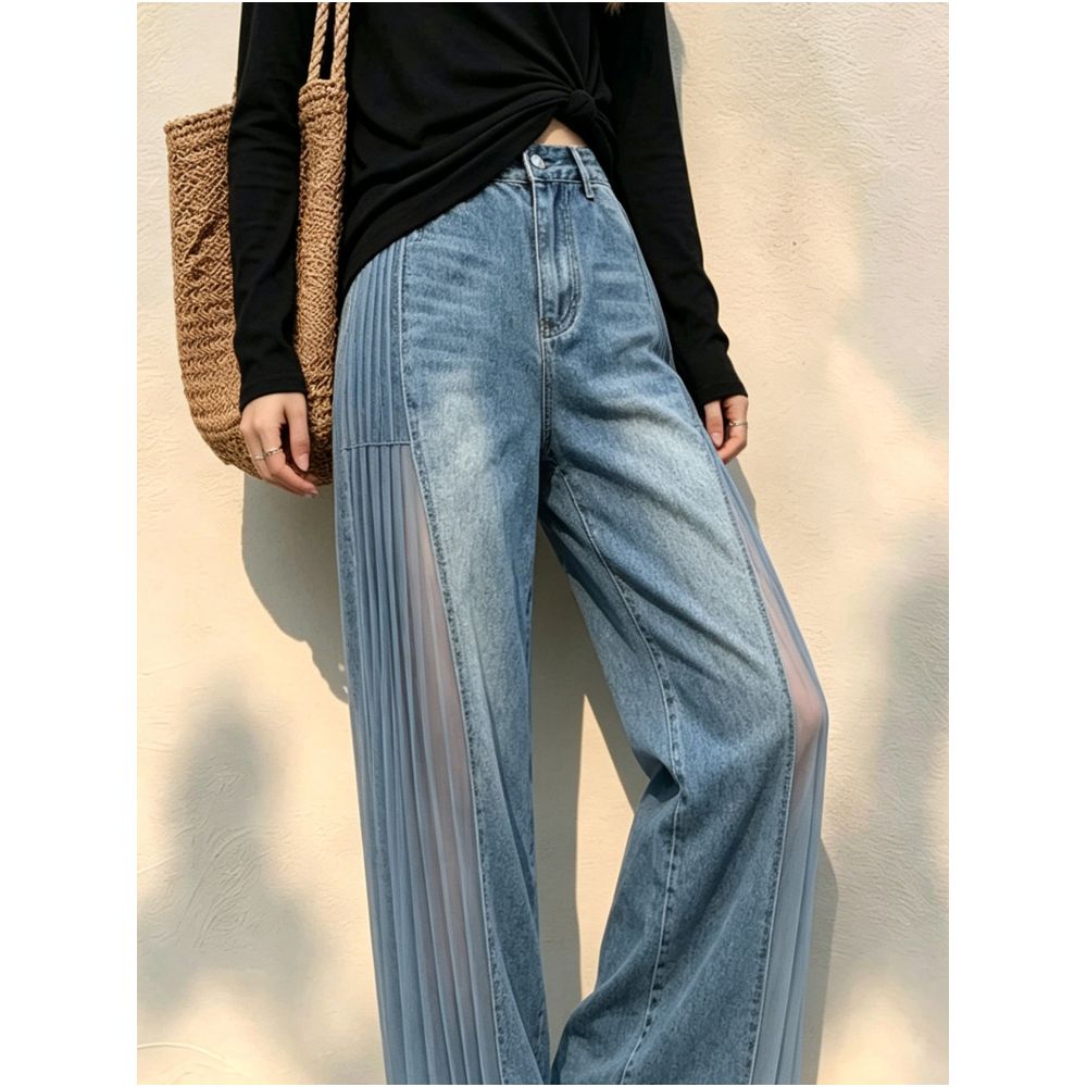 Blue sheer patchwork denim jeans for women new autumn 2026 style unique design lightweight breathable casual wide leg trousers image 4