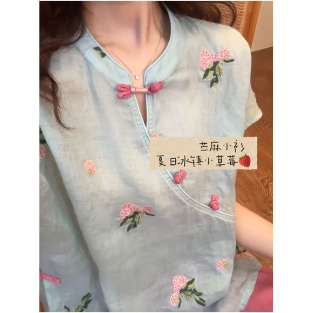 STUDIO Jinxi Iced Strawberry Blue Heavy Embroidery Button Down Ramie Shirt for Women New Chinese Style Blouse image 1