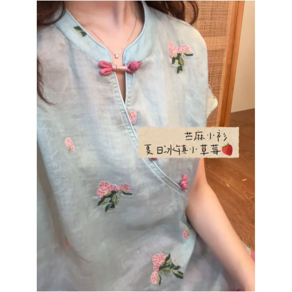 STUDIO Jinxi Iced Strawberry Blue Heavy Embroidery Button Down Ramie Shirt for Women New Chinese Style Blouse image 2