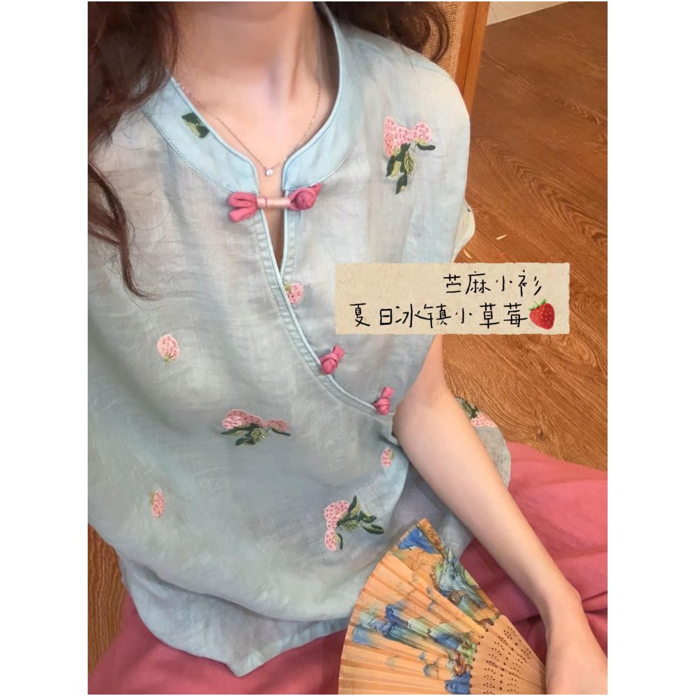 STUDIO Jinxi Iced Strawberry Blue Heavy Embroidery Button Down Ramie Shirt for Women New Chinese Style Blouse image 4