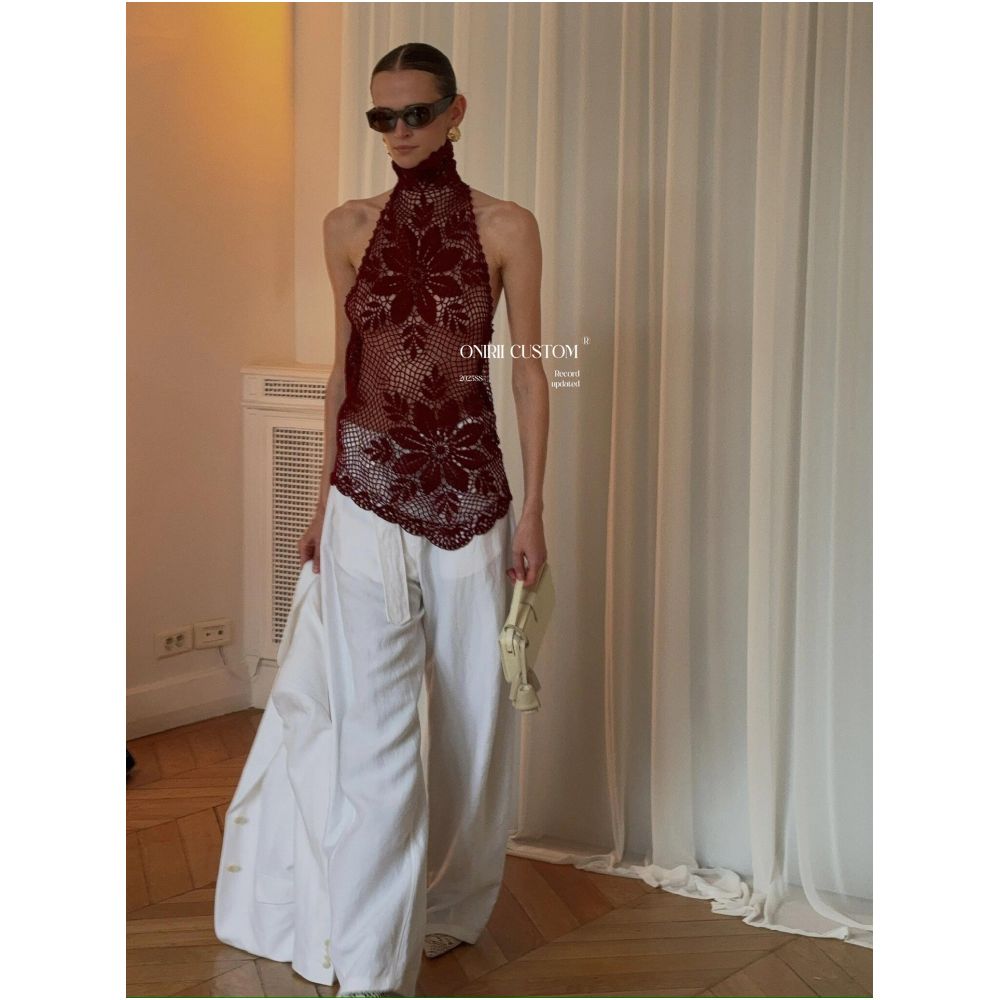ONIRII 7 24 Correct Version Magda Handmade Flower Crochet Hollow Knit High Neck Vest Two Piece Set image 2