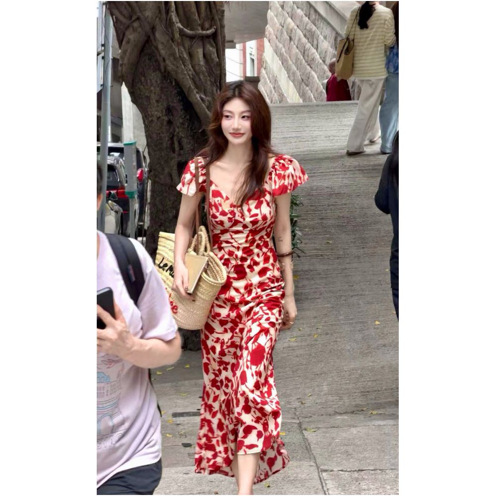 AloneSavor loo Tencel French style dress for women with flutter sleeves V neck island style fishtail long skirt 615 image 0