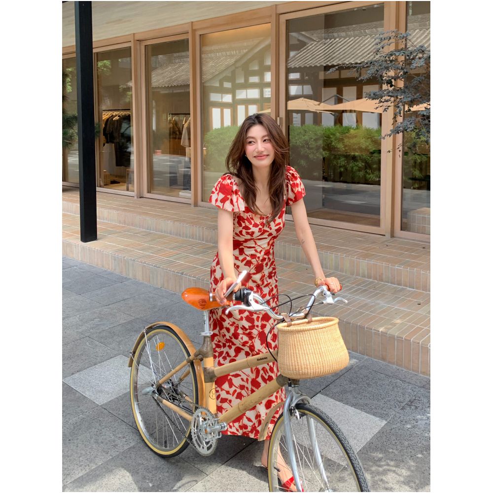AloneSavor loo Tencel French style dress for women with flutter sleeves V neck island style fishtail long skirt 615 image 3