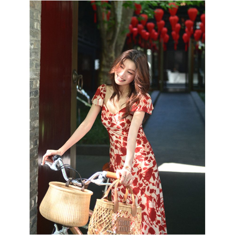 AloneSavor loo Tencel French style dress for women with flutter sleeves V neck island style fishtail long skirt 615 image 4