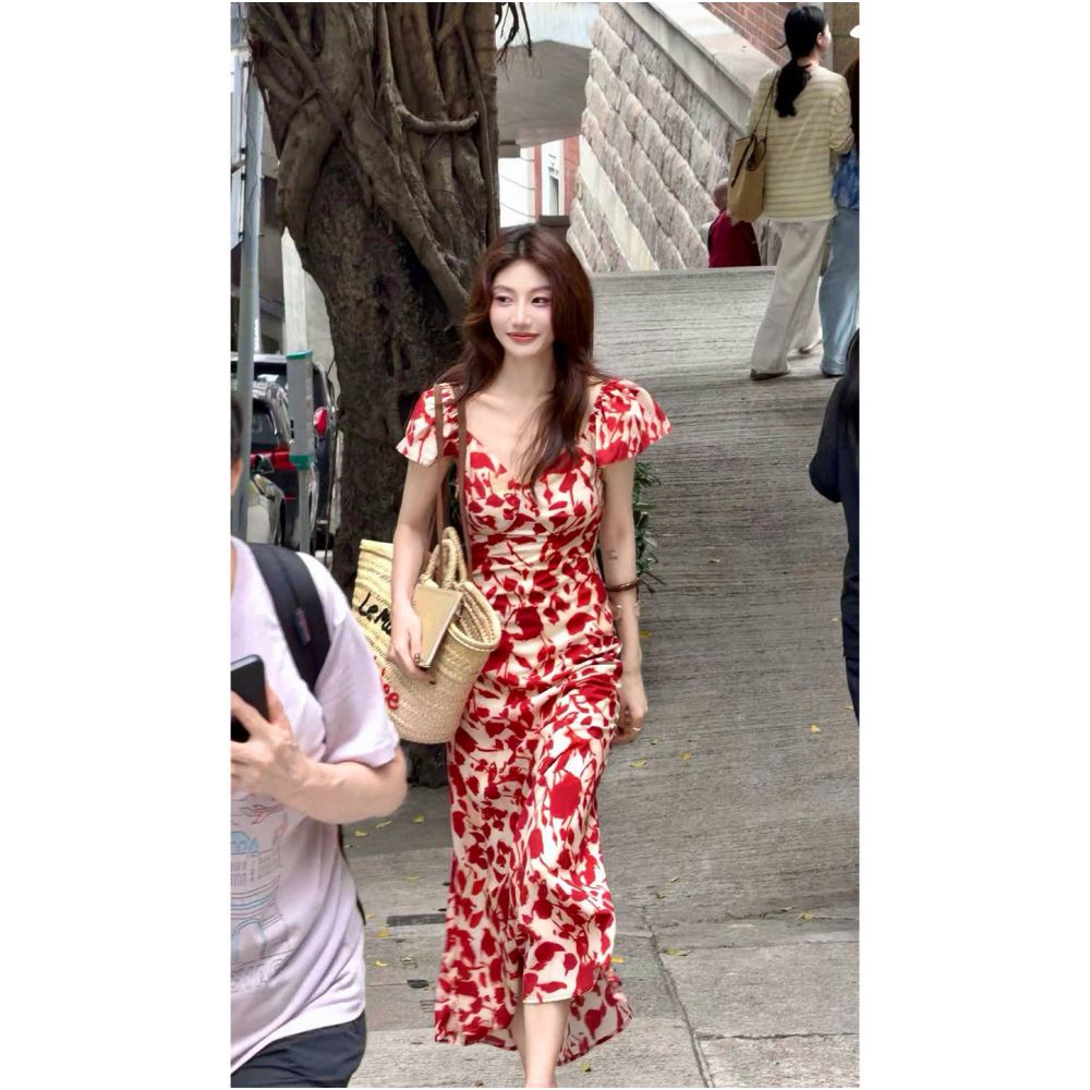 ASAYA7430 – Scarlet Bloom Silk Dress 🌹🍒