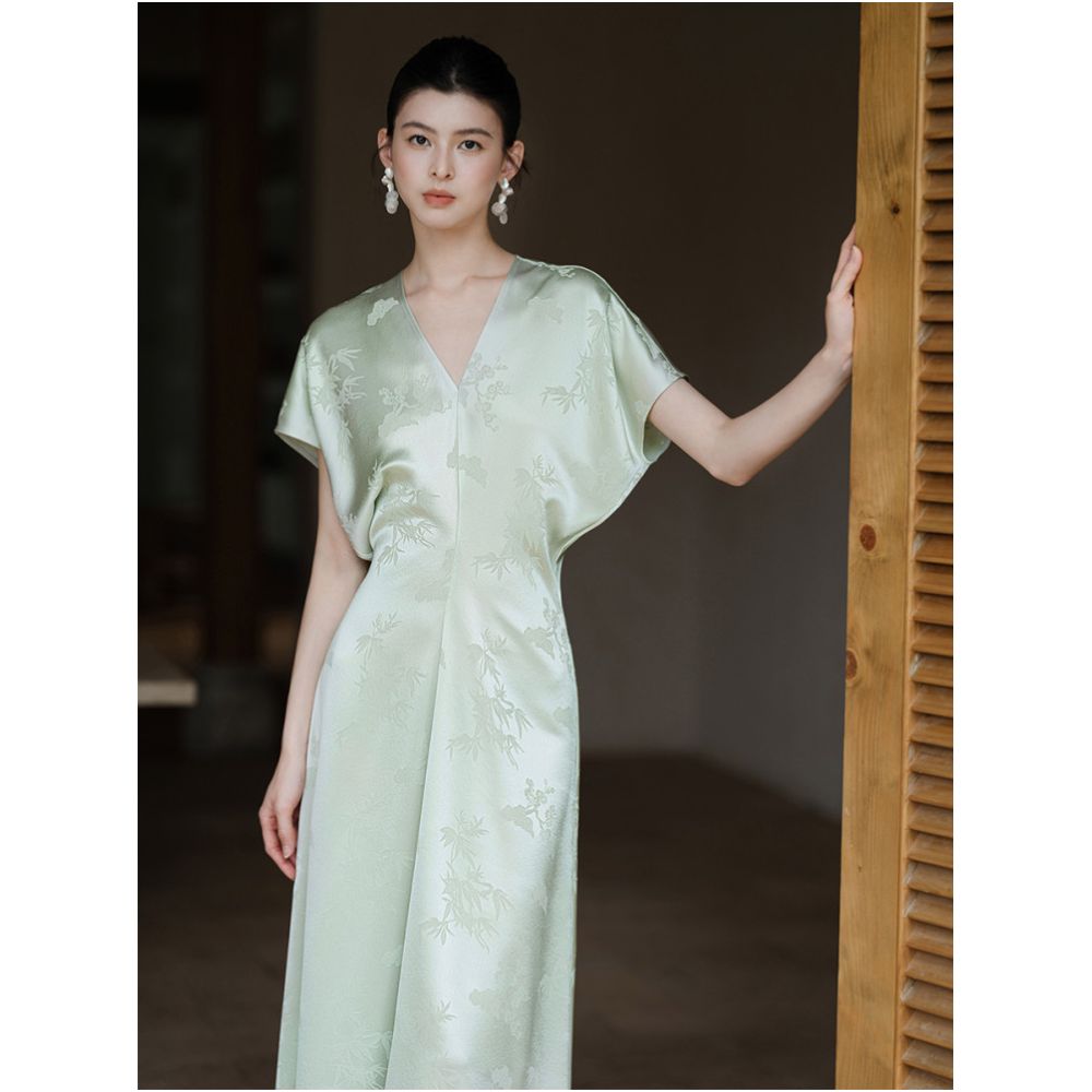 Chuchan Clothing s New Chinese Style Acetate Dress for Women Size 26 Summer Relaxed Feel Light Luxury Green Jacquard Satin Long Dress image 0