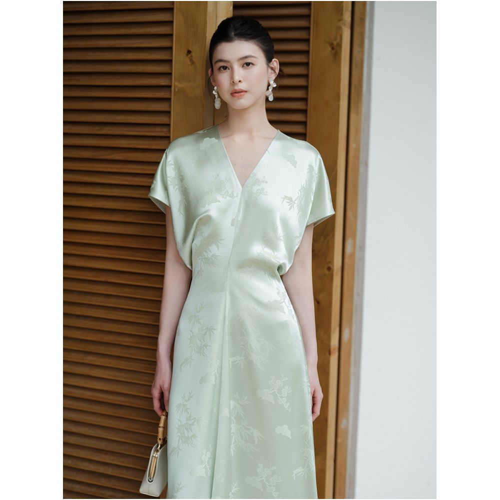 Chuchan Clothing s New Chinese Style Acetate Dress for Women Size 26 Summer Relaxed Feel Light Luxury Green Jacquard Satin Long Dress image 1
