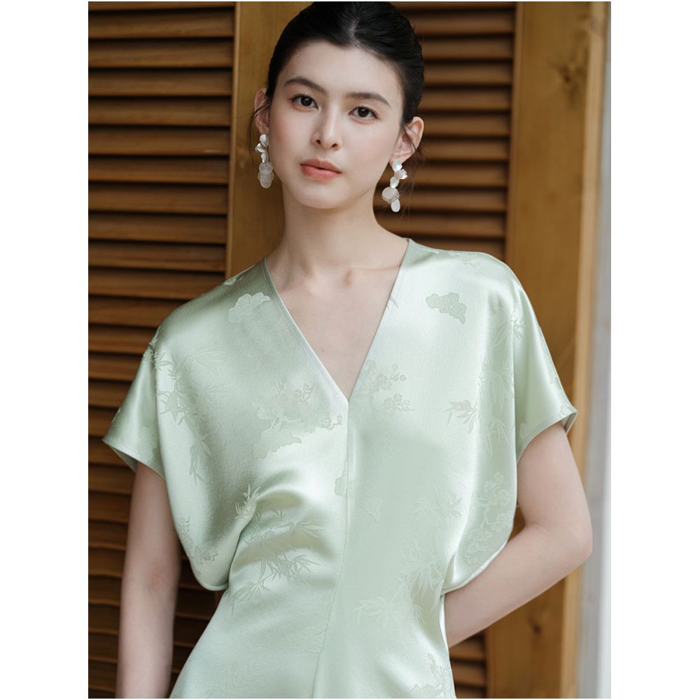 Chuchan Clothing s New Chinese Style Acetate Dress for Women Size 26 Summer Relaxed Feel Light Luxury Green Jacquard Satin Long Dress image 2