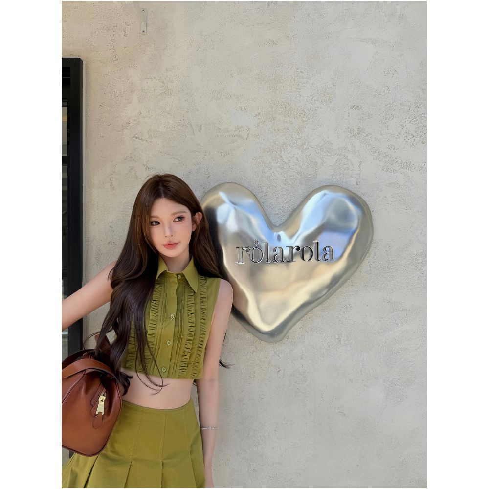 CHICYOU m1u Chic and Playful 100 Cotton Green and White Ruffled Short Vest Pleated Mini Skirt image 0