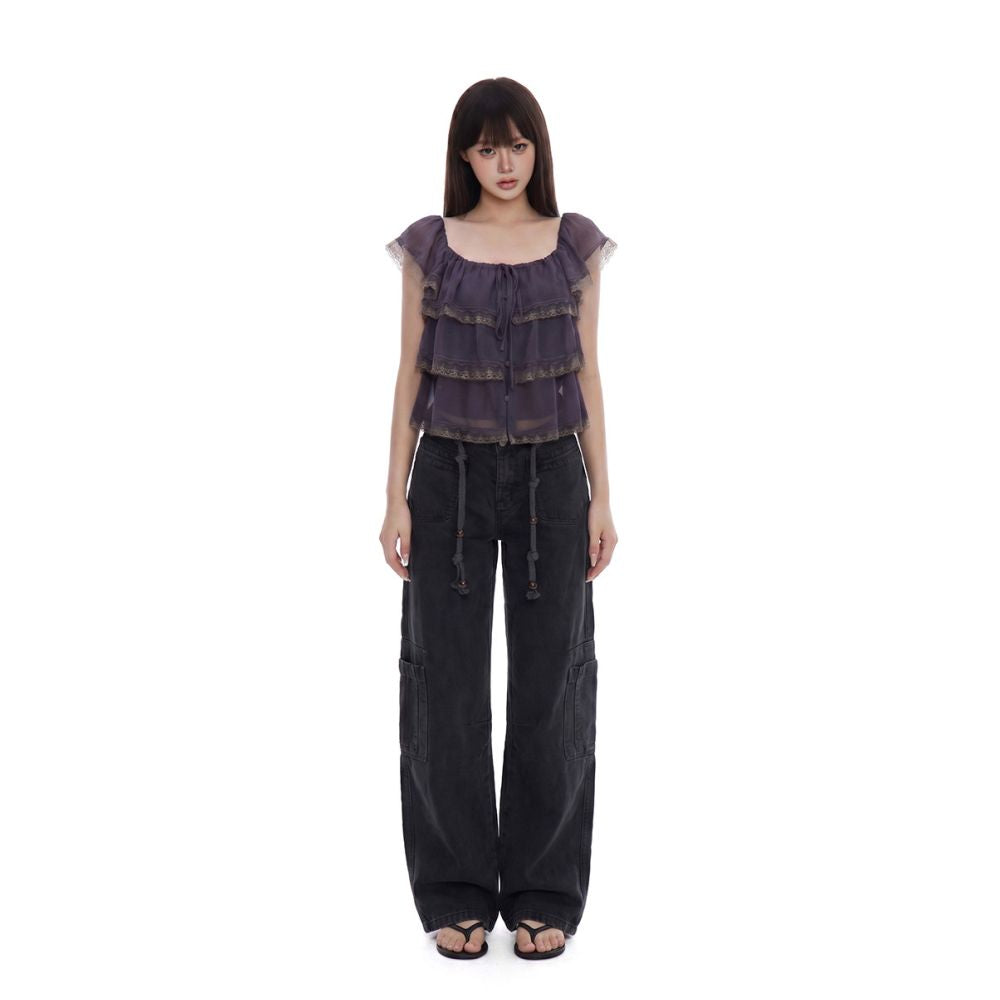 WITHMIN Ruffled Lace Tie up Square Neck Camisole for Women 2026 Summer New Layered Top image 2