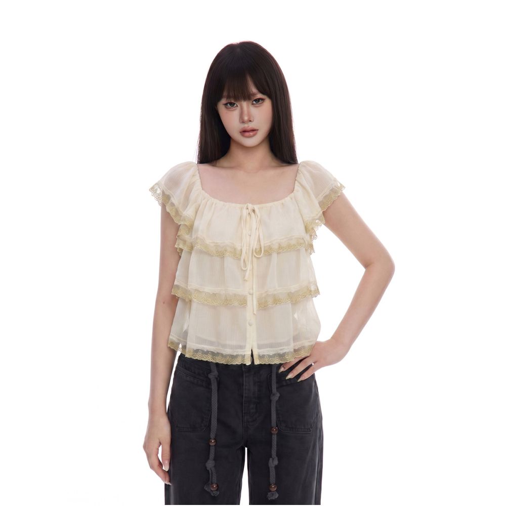 WITHMIN Ruffled Lace Tie up Square Neck Camisole for Women 2026 Summer New Layered Top image 3