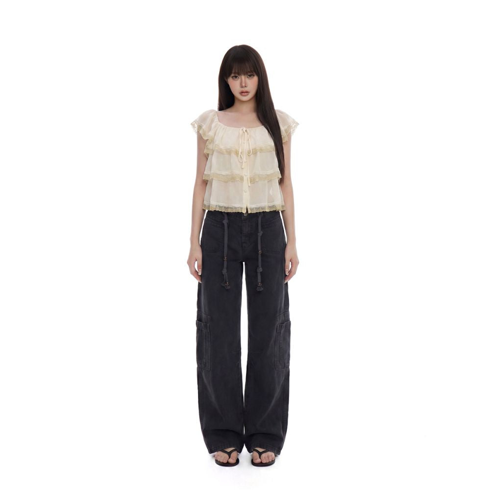 WITHMIN Ruffled Lace Tie up Square Neck Camisole for Women 2026 Summer New Layered Top image 4