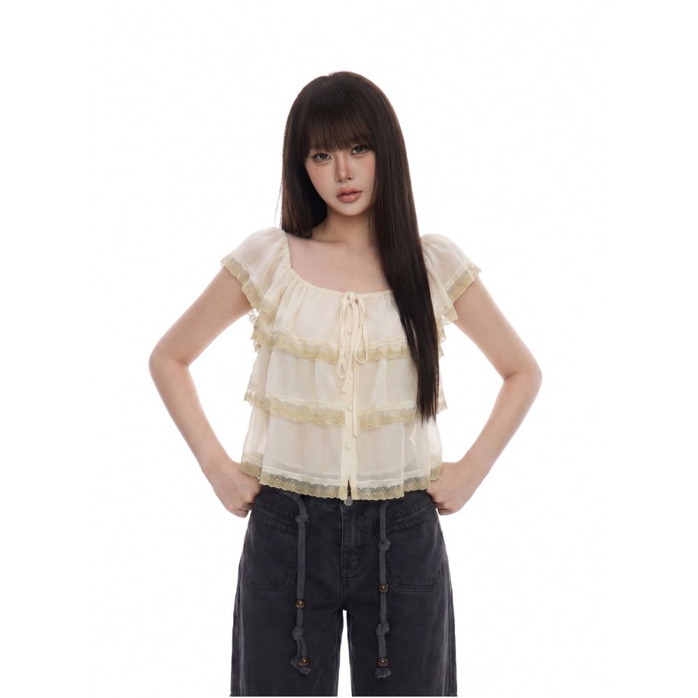 ASAYA7437 – Moonlit Lace Ruffle Blouse 🌙🪻