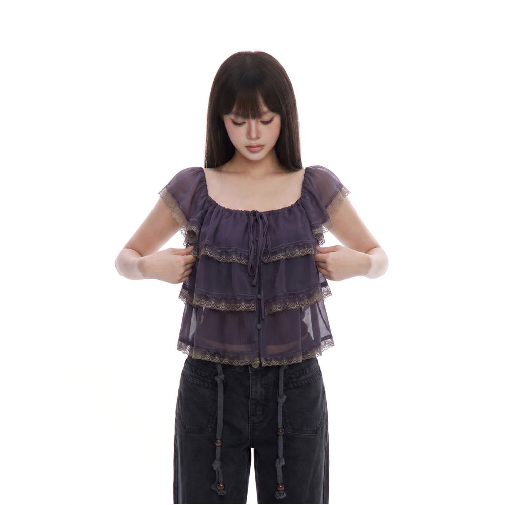 ASAYA7437 – Moonlit Lace Ruffle Blouse 🌙🪻