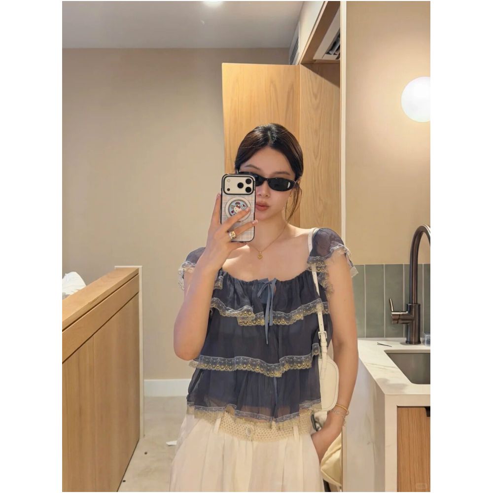 WINNI CELH26 Summer Lace Patchwork Flutter Sleeve Square Neck Tie Short Sleeve Loose Top for Women Tamil Morning and Evening image 0