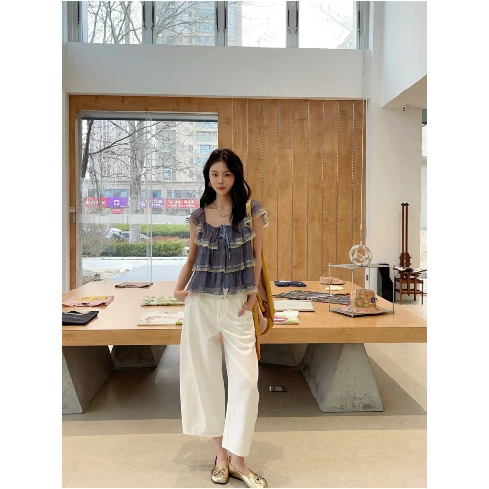 WINNI CELH26 Summer Lace Patchwork Flutter Sleeve Square Neck Tie Short Sleeve Loose Top for Women Tamil Morning and Evening image 2