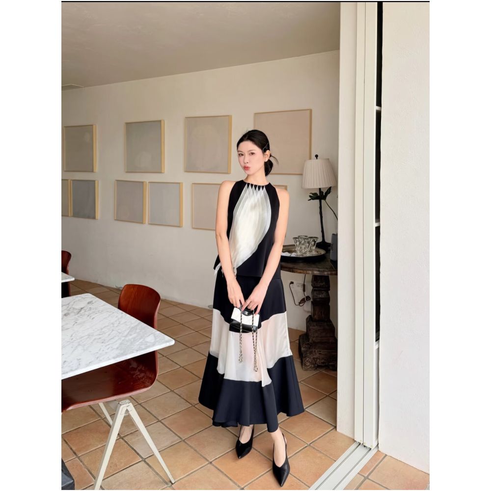 WINNI CELH26 Summer French High End Design Sleeveless Top Vest Women s Black and White Patchwork Tulle Skirt Set image 0