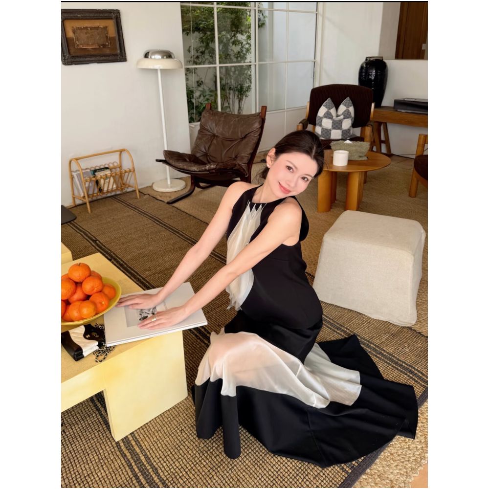WINNI CELH26 Summer French High End Design Sleeveless Top Vest Women s Black and White Patchwork Tulle Skirt Set image 1