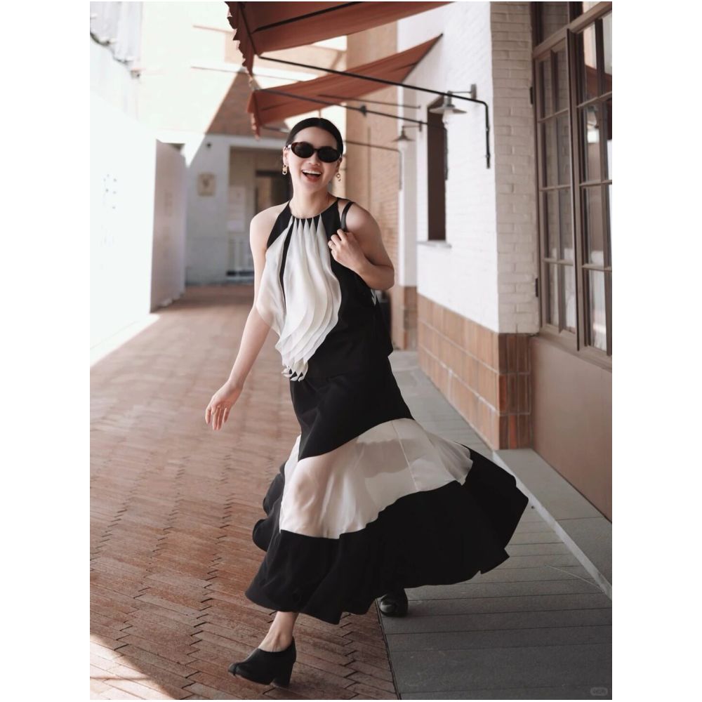 WINNI CELH26 Summer French High End Design Sleeveless Top Vest Women s Black and White Patchwork Tulle Skirt Set image 2