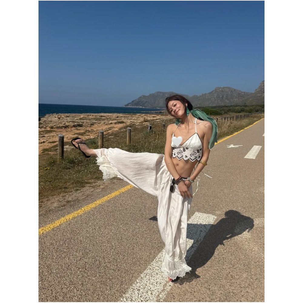 WINNI CELH26 Summer Lace Patchwork Mesh Casual Elastic Waist Loose Wide Leg Relaxed Lantern Pants image 1