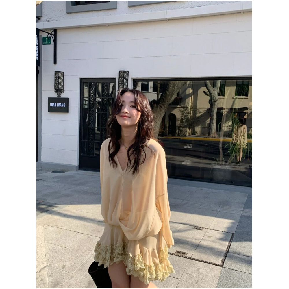 WINNI CELH26 Spring Summer Chiffon Lace Patchwork Sun Protection Shirt Women s Vacation Romantic Flowy Loose Top Dress image 0