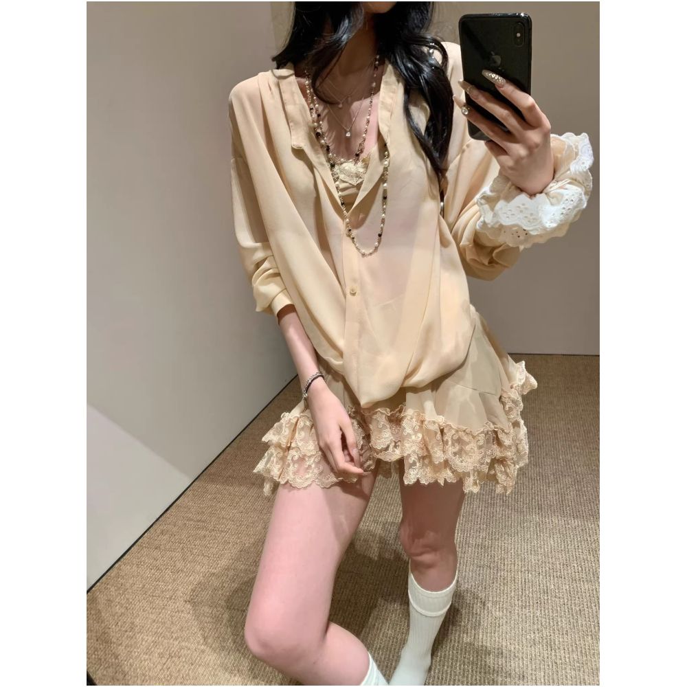 WINNI CELH26 Spring Summer Chiffon Lace Patchwork Sun Protection Shirt Women s Vacation Romantic Flowy Loose Top Dress image 1