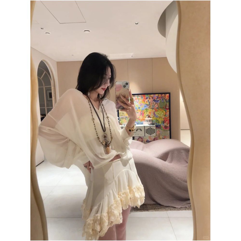 WINNI CELH26 Spring Summer Chiffon Lace Patchwork Sun Protection Shirt Women s Vacation Romantic Flowy Loose Top Dress image 2