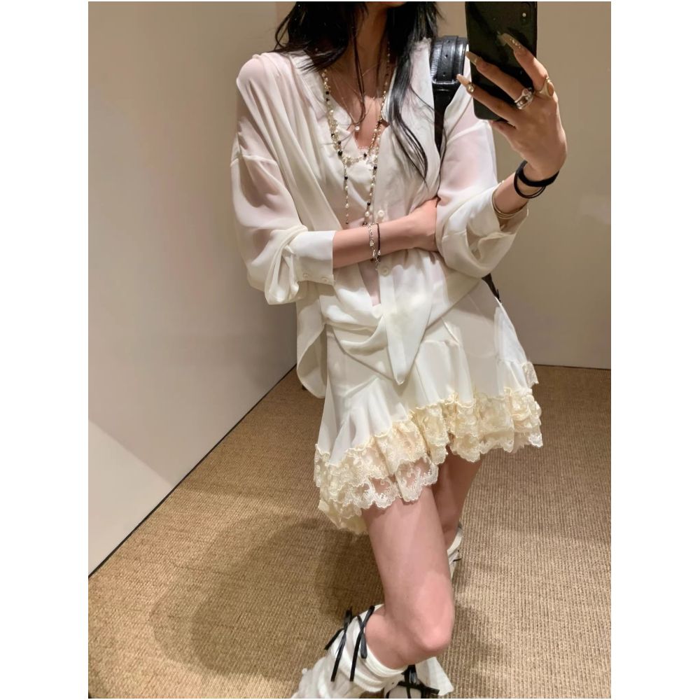 WINNI CELH26 Spring Summer Chiffon Lace Patchwork Sun Protection Shirt Women s Vacation Romantic Flowy Loose Top Dress image 3