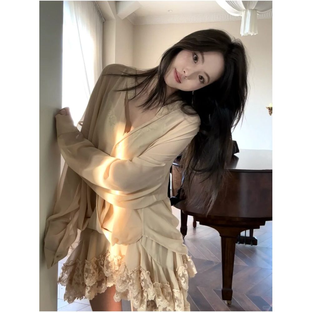 WINNI CELH26 Spring Summer Chiffon Lace Patchwork Sun Protection Shirt Women s Vacation Romantic Flowy Loose Top Dress image 4