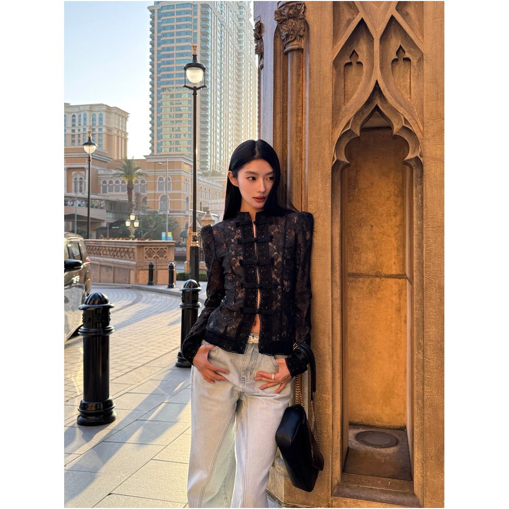 Rosie s Cutting Edge Vintage Style Cardigan with Folded Buttons Sheer and Sparkling Lace Waist Defining Stand Collar image 0