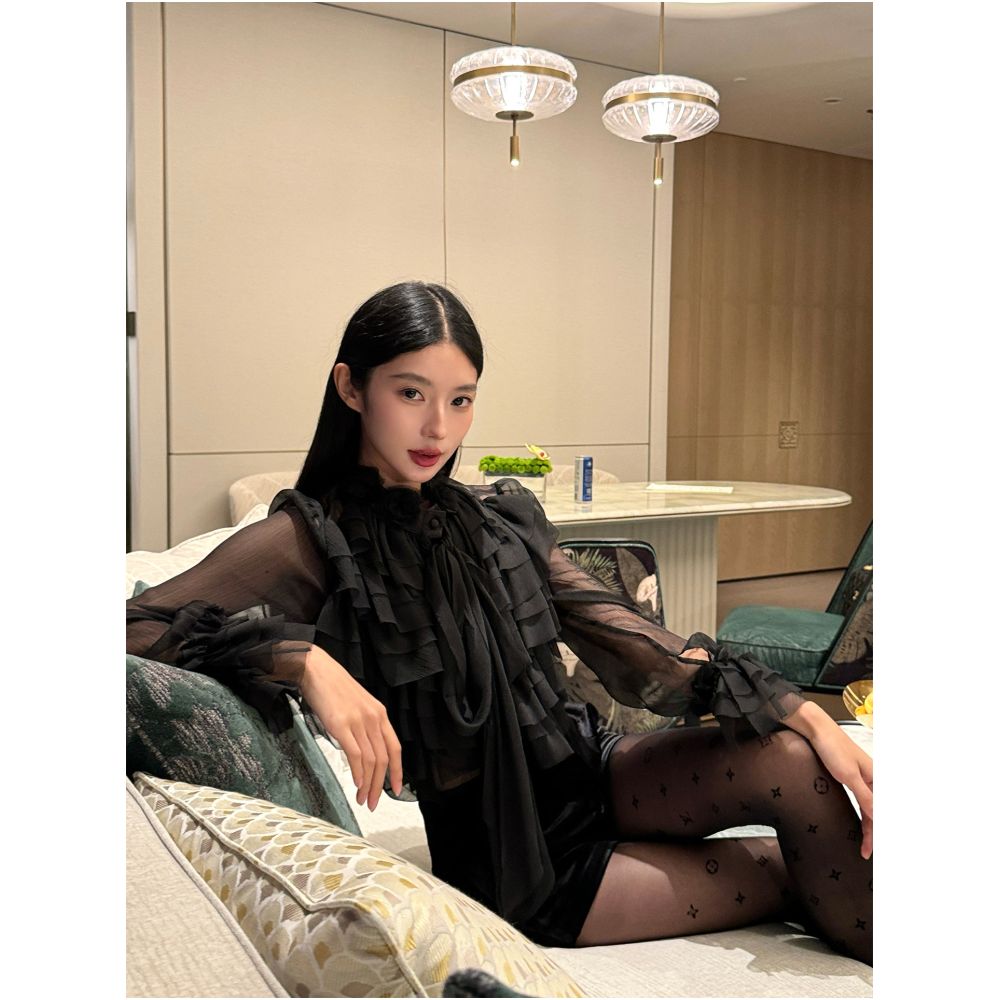Rosie a beautiful young woman wears a heavyweight handmade georgette floral multi layered ruffled sheer inner layer a sexy goddess like shirt image 0