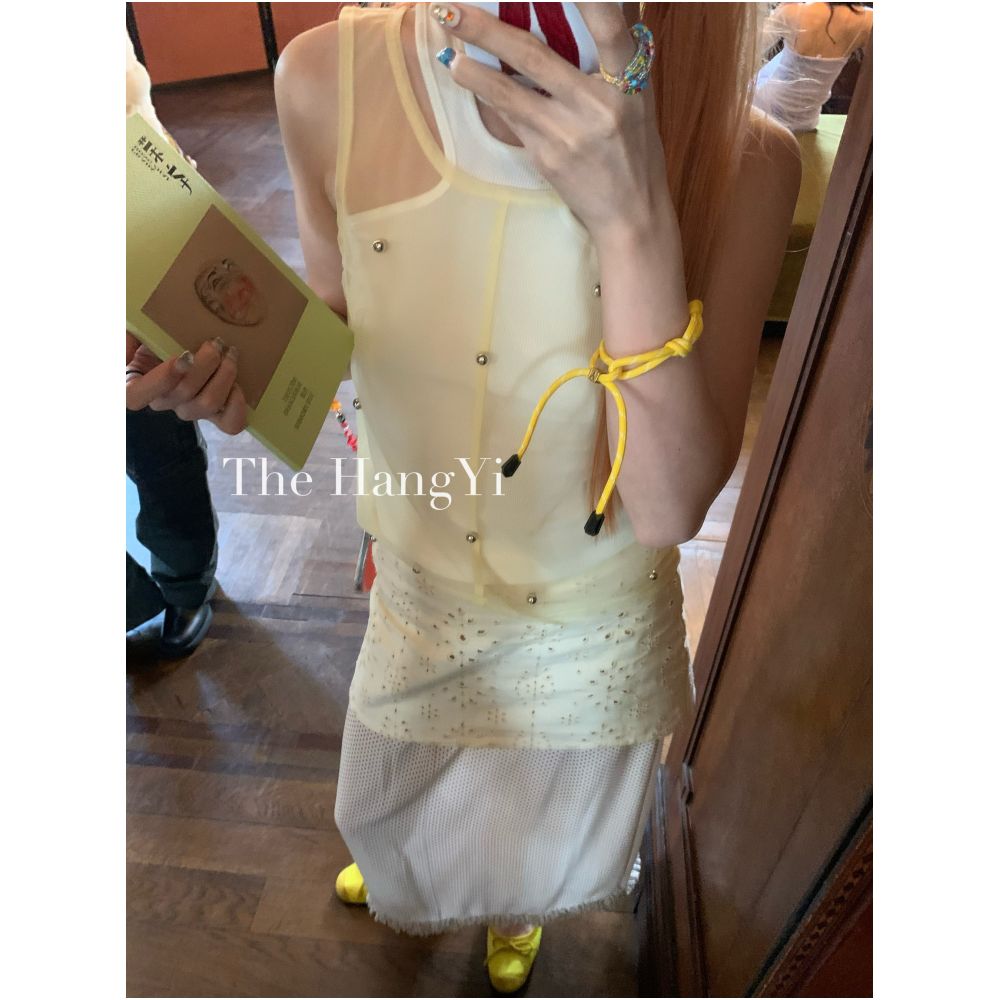 The HangYi Original Summer Niche Fashion Four Color Layered Mesh Handmade Beaded Vest Sleeveless T Shirt for Women image 0