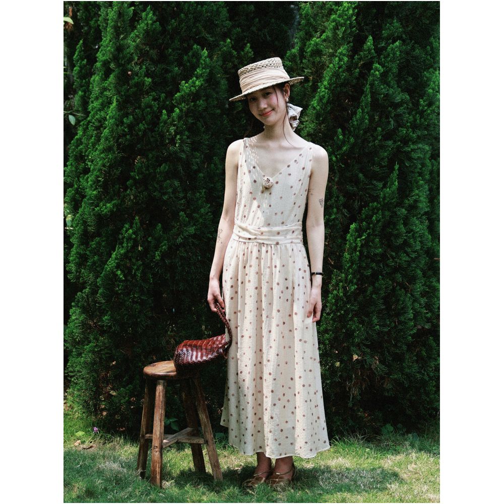MUNNS RUIXI Pastoral Floral Affair French Lyocell Polka Dot Dress Waist cinching V neck Sleeveless Elegant Long Dress image 0
