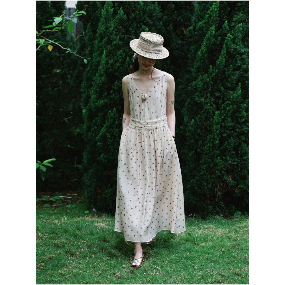 MUNNS RUIXI Pastoral Floral Affair French Lyocell Polka Dot Dress Waist cinching V neck Sleeveless Elegant Long Dress image 1
