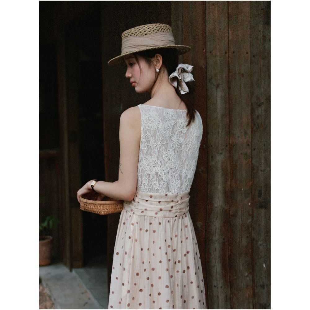 MUNNS RUIXI Pastoral Floral Affair French Lyocell Polka Dot Dress Waist cinching V neck Sleeveless Elegant Long Dress image 2