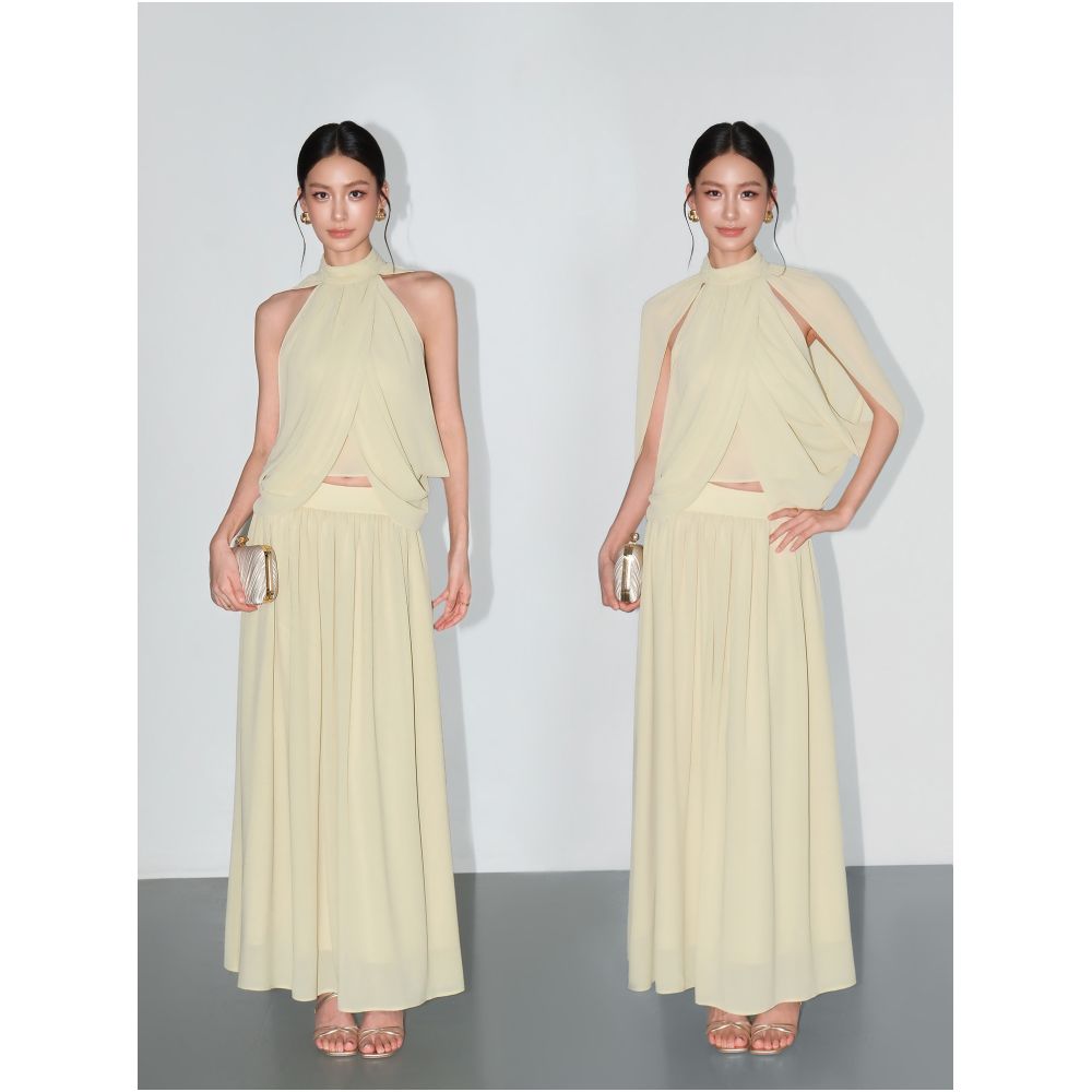 NEVA HU Muse Clear French Halter Neck Stand Collar Shirt and Flowy Skirt Set image 0