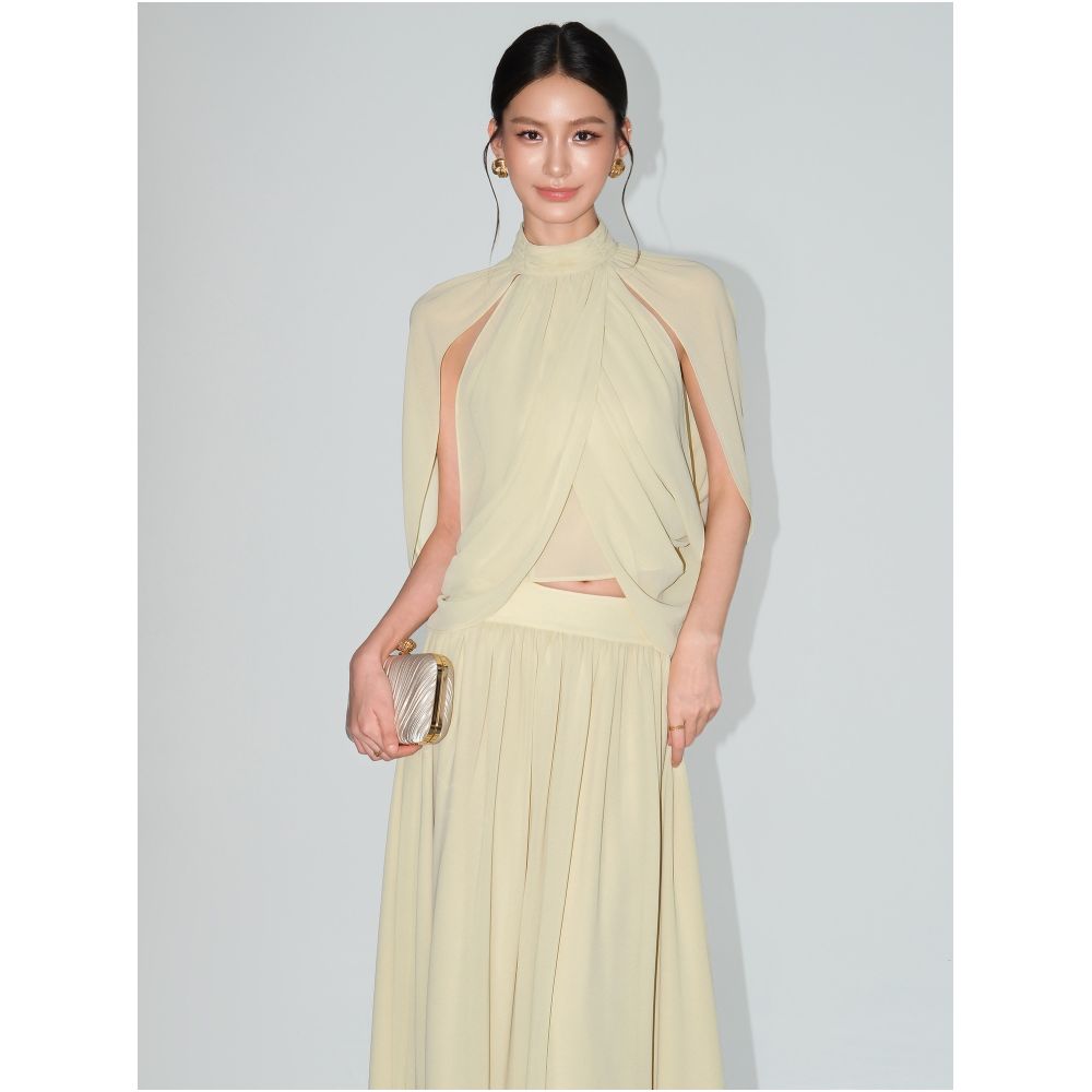 NEVA HU Muse Clear French Halter Neck Stand Collar Shirt and Flowy Skirt Set image 1