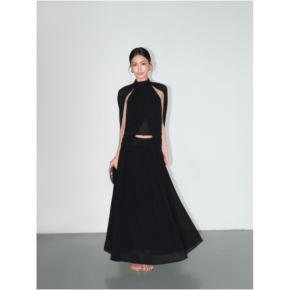 NEVA HU Muse Clear French Halter Neck Stand Collar Shirt and Flowy Skirt Set image 2