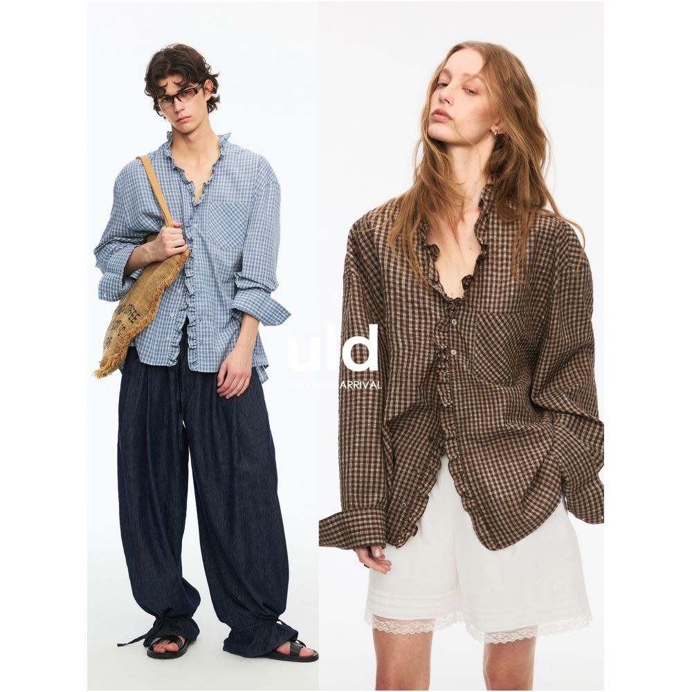 ULD 90s Edwardian Collar Retro Salt Textured Textured Sea Salt Color Dyed Plaid High End Design Shirt image 1