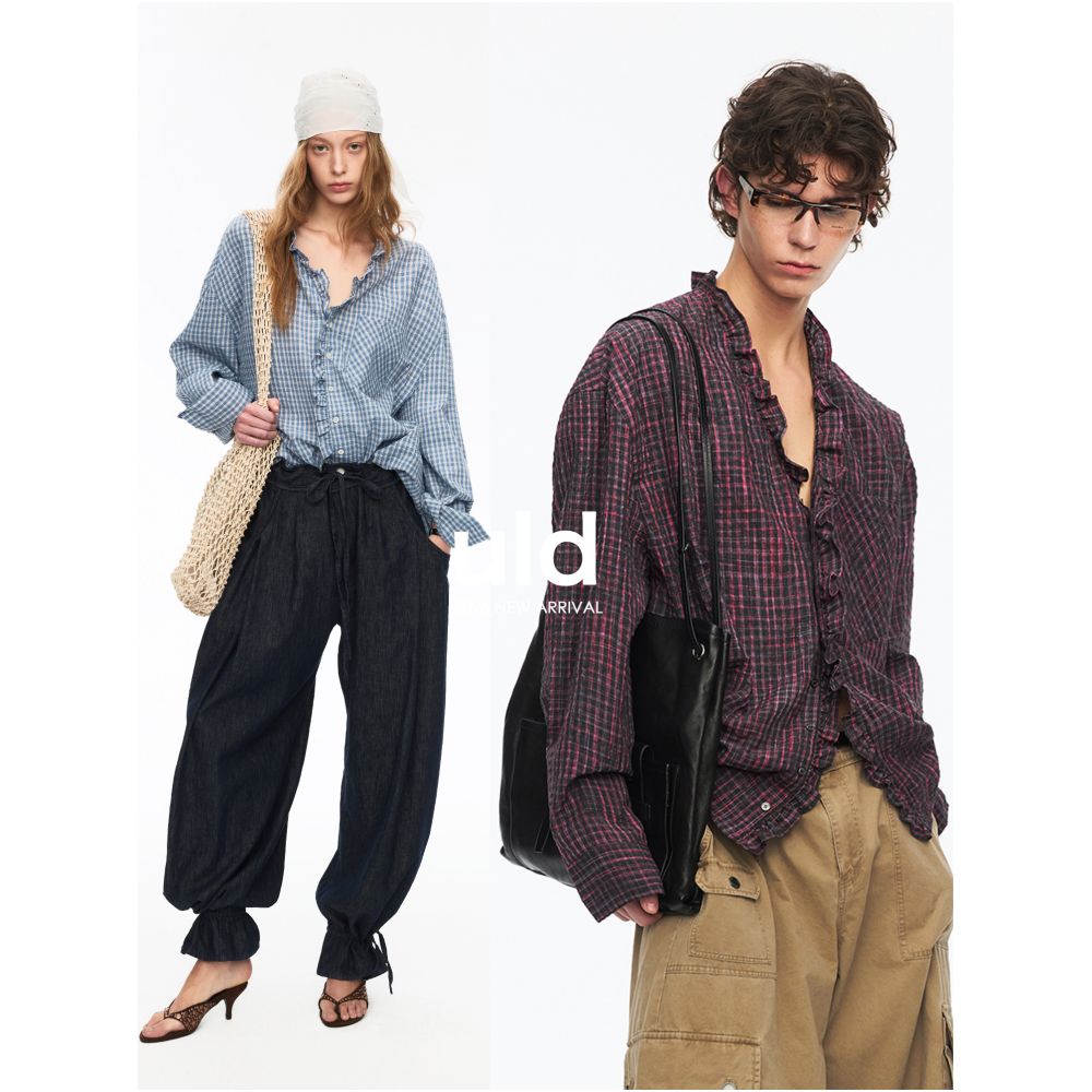 ULD 90s Edwardian Collar Retro Salt Textured Textured Sea Salt Color Dyed Plaid High End Design Shirt image 2