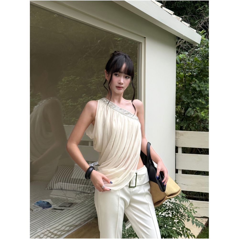 ASAYA7465 – Ivory Muse Draped One-Shoulder Top ✨🤍