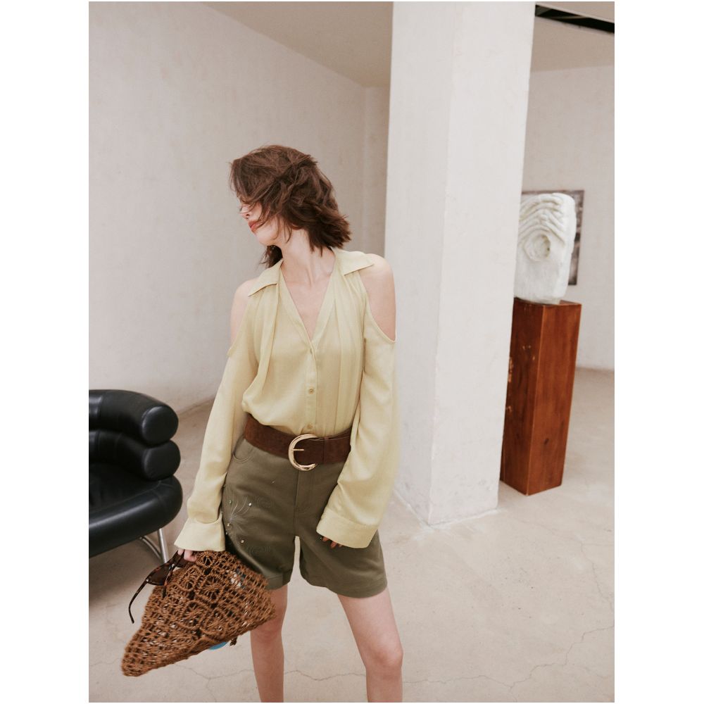 ASAYA7514 – Lemon Breeze Cold-Shoulder Shirt 🍋✨