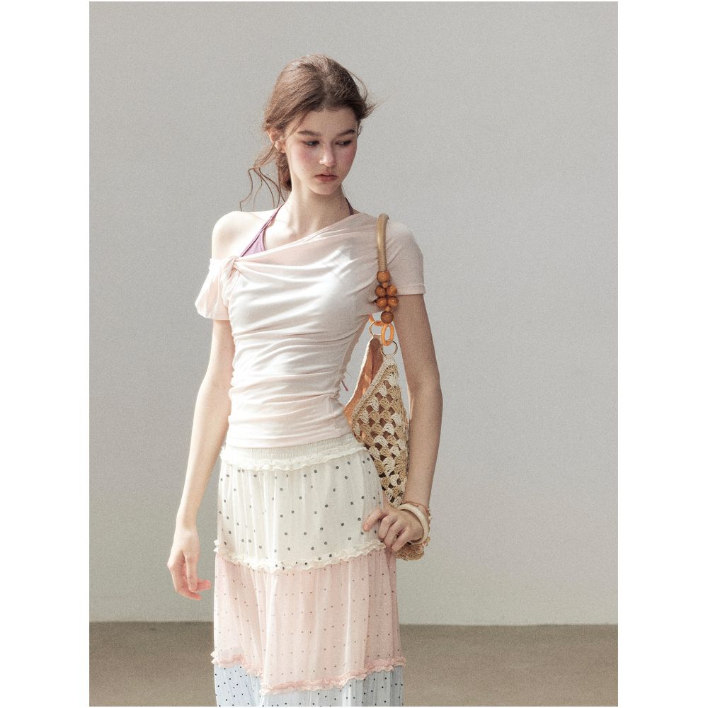 AOMALM Asymmetrical Dream Faux Two Piece Short Sleeved Halter Neck Off Shoulder T Shirt for Women Summer Commuter Top image 2