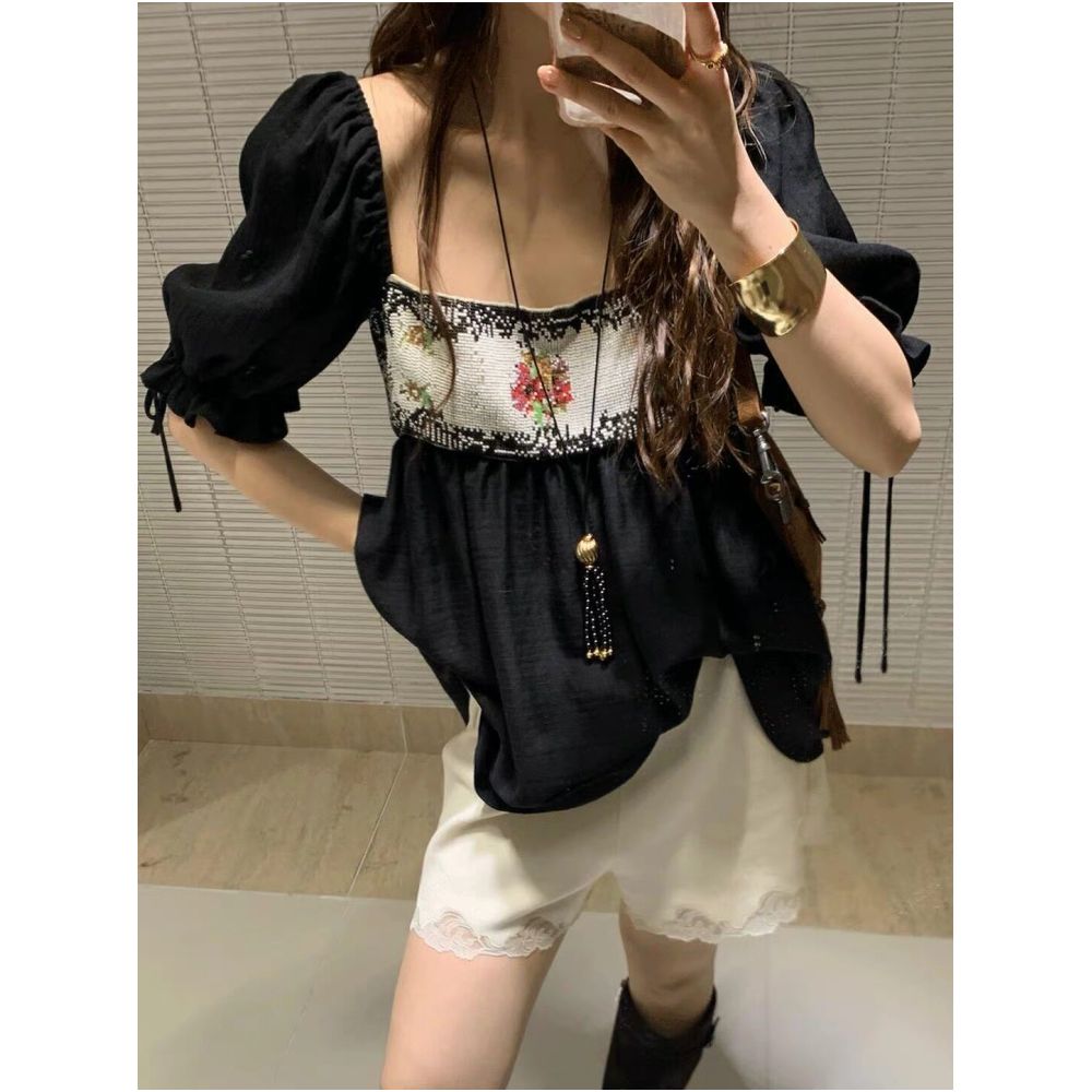 Ceiling ICE Heavy Duty Beaded Square Neck Top with Retro Puff Sleeves Stage Blouse Lace Trimmed Shorts Set image 2