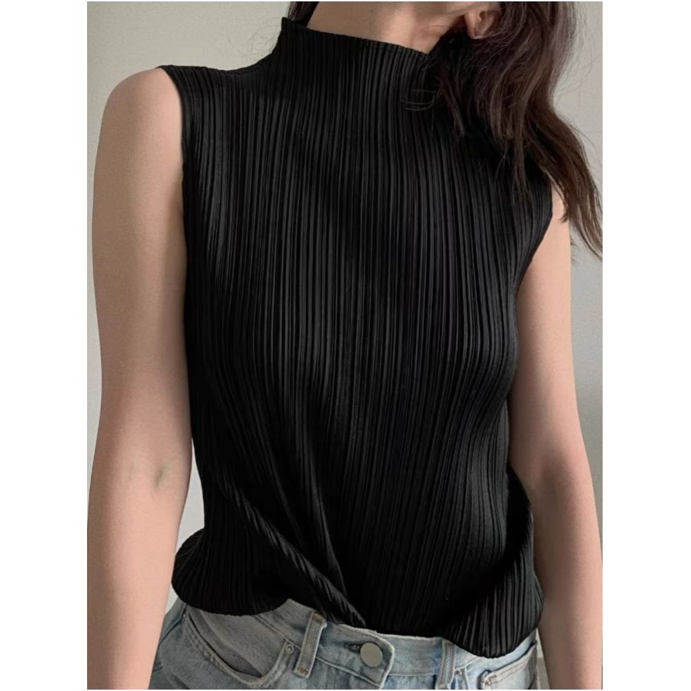 ASAYA7567 – Sculpted Pleats High-Neck Top 🖤✨