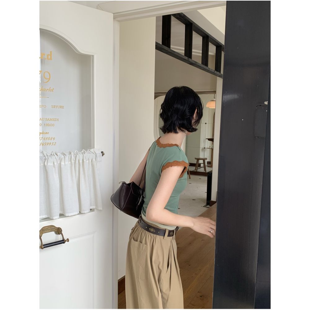 Esu Original Design Color Blocked Double Lace Wide Shoulder Strap Vest for Women Fashionable Short Sleeve T Shirt High End Chic image 1