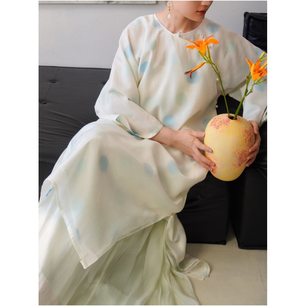 TAORAN Women s Reversible Polka Dot Chinese Style Cheongsam Long Shirt Women s Loose Zen Tea Dress Fairy Outer Dress image 4